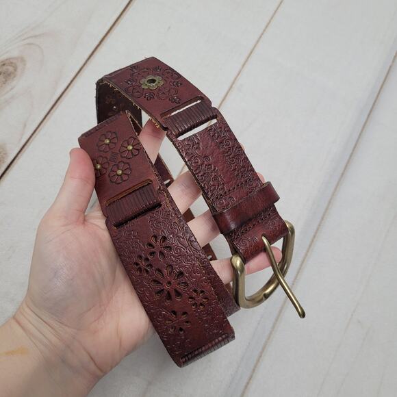 Fossil tooled floral studded leather patchwork belt boho bohemian L main image 6